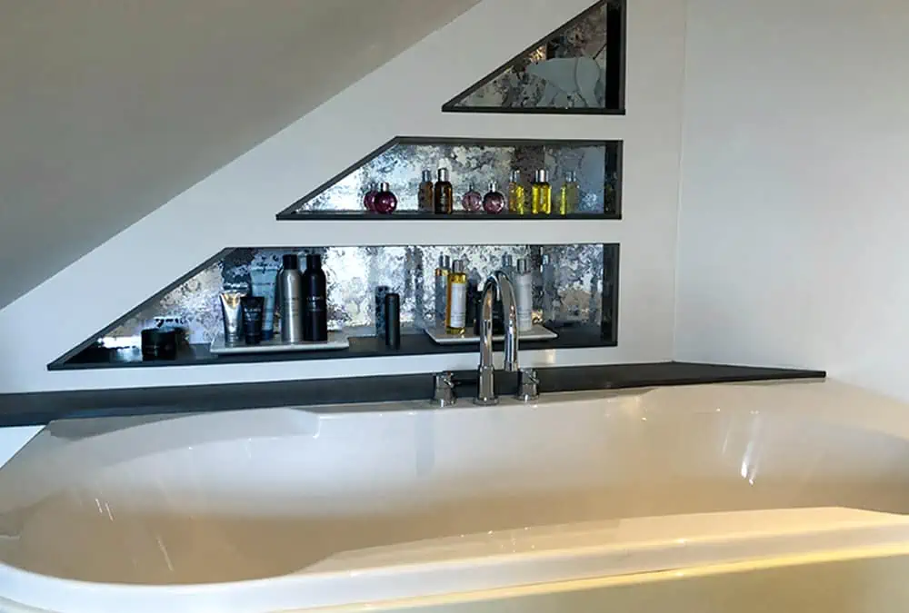 Antique Silver mirror film applied to bathroom shelving