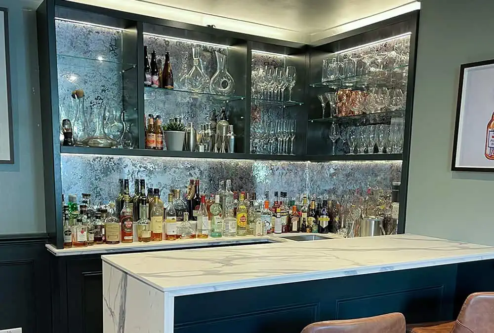 Antique Silver mirror window film applied to the back of a bar