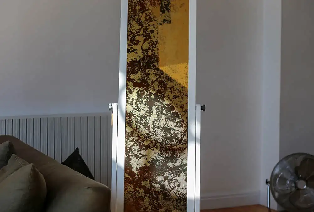 Vintage gold on gold mirror window film applied on an upcycled mirror